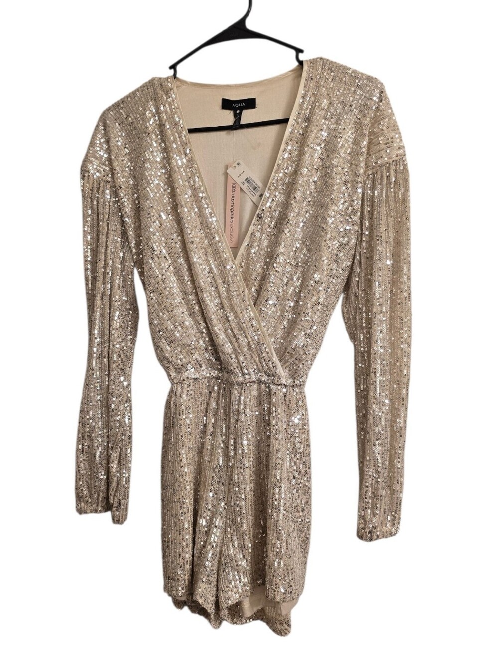 NWT! AQUA Y2K Glam Champagne Gold Longsleeve Sequined Going Out Romper S